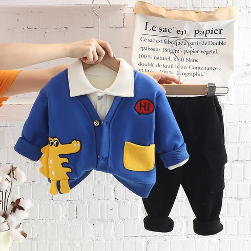 Winter boy plus velvet padded suit three-piece set