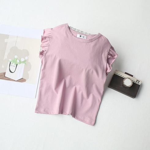 Ruffled Crewneck Feifei Short Sleeve T-Shirt Solid Color Top