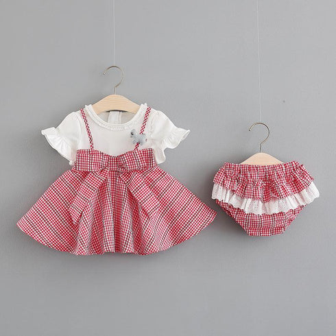 Summer New Baby Girl Stitching Top Shorts Two-piece Plaid Set