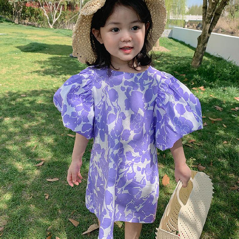Summer Girl's Bubble Sleeve Flower Dress