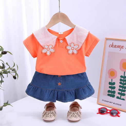 Flower Lapel Short Sleeve With Western Style Denim Skirt Two-piece Set