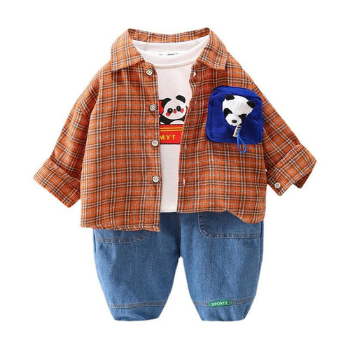 Children's Plaid Shirt Long Sleeve Set Three-Piece Set