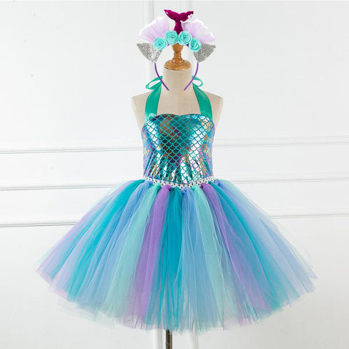 European And American Children's Clothing Girls Mermaid Fluffy Skirt Cospaly Performance Dress Fish Scale Dress Dress Send Headdress