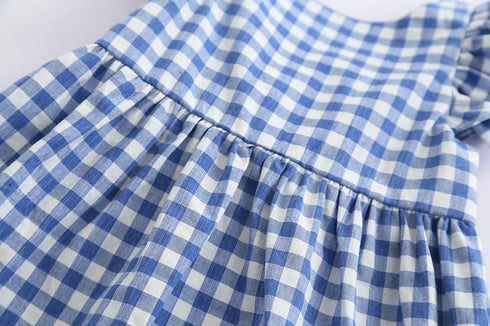Summer New Girl's Back Bow Dress Backless Fly Sleeve Plaid Princess Dress