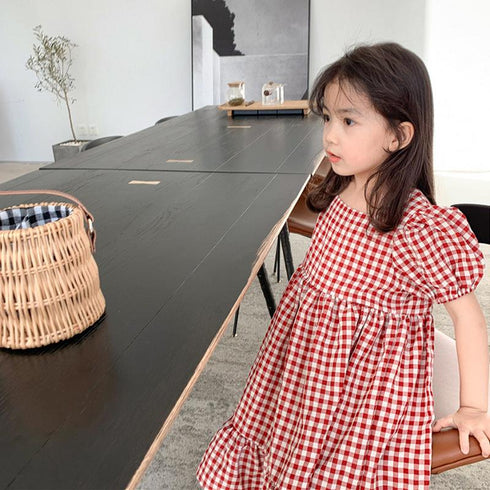 Girl's Summer Plaid Square Neck Bubble Princess Dress