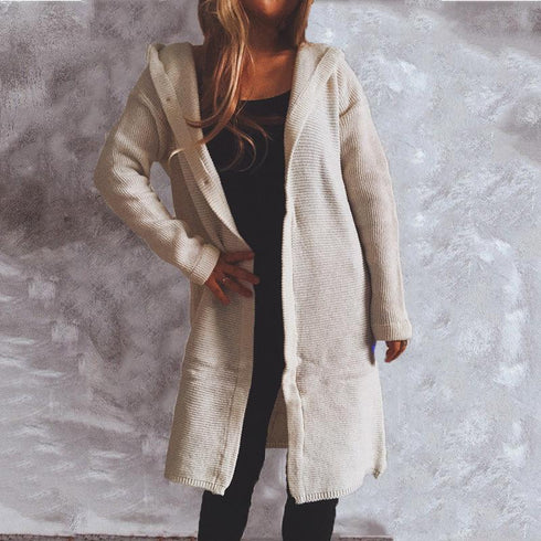 Autumn and winter solid color long sleeve hooded knitted cardigan