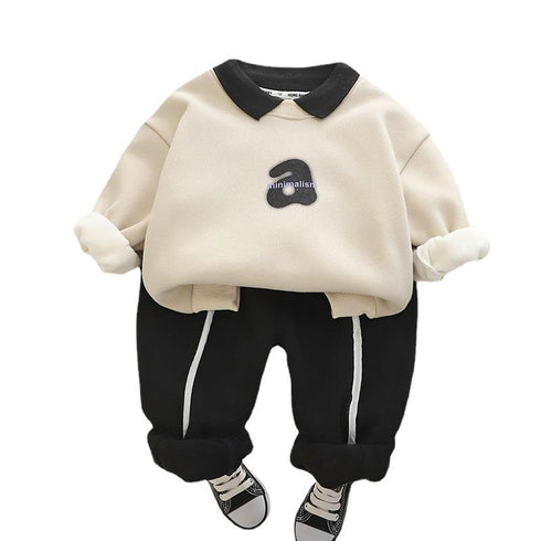 Autumn and winter boys plus velvet long sleeve two-piece set