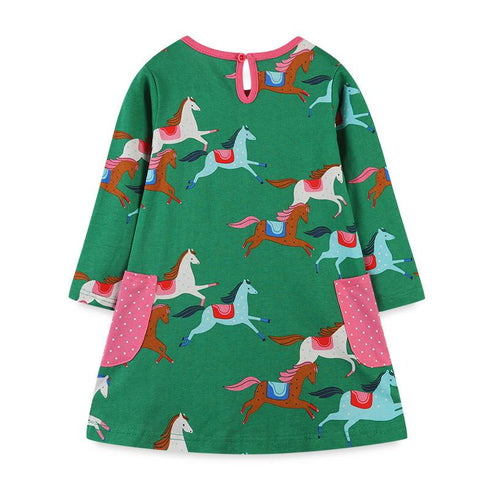 Autumn New Girl Dress European And American Style Cartoon Printing Princess Dress Knitted Cotton Pocket Children's Dress