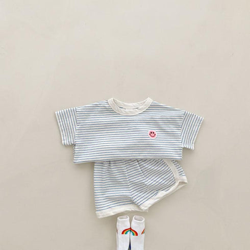 Striped Smiling Face Short Sleeved Shorts Set