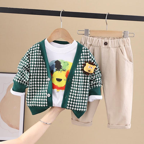 Boy's Spring and Autumn Long Sleeve Sweater Cardigan Three-Piece Set