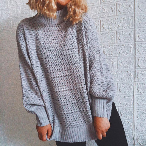 Fall winter loose half-height collar long sleeve pullover sweater women's split knit top