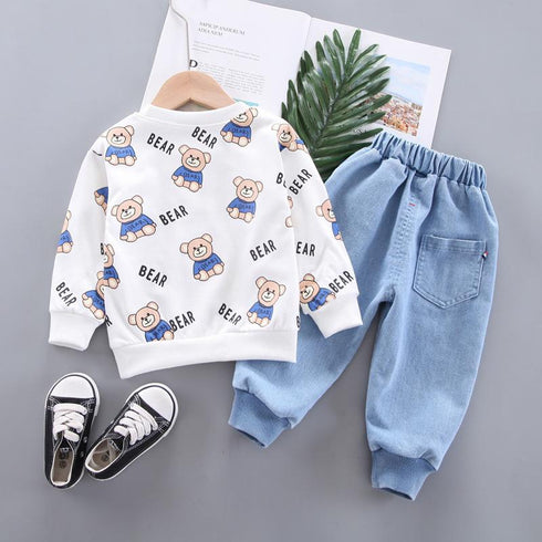Spring and Autumn Boys Fleece Jeans Set