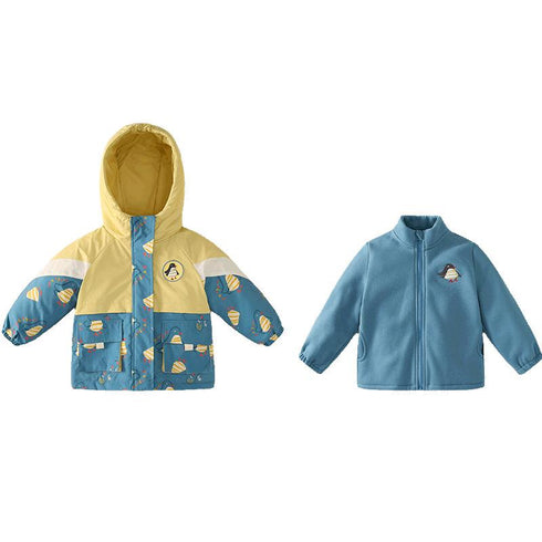 Children's Patchwork Contrast Three-in-One Windproof Clip Hooded Warm Coat