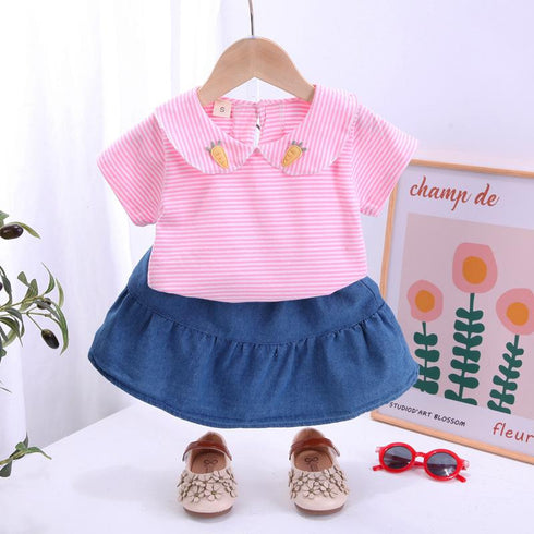 Striped Short Sleeved Denim Skirt Suit