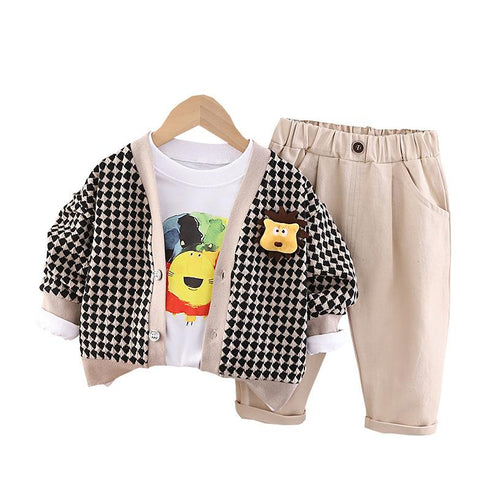 Boy's Spring and Autumn Long Sleeve Sweater Cardigan Three-Piece Set