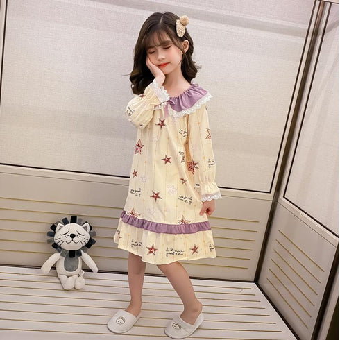 Spring And Autumn Girls Five-pointed Star Long Sleeve Sleeping Skirt