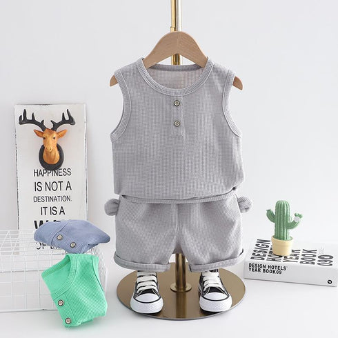 Round Neck Solid Color Thin Sleeveless T-shirt Kids' Casual Two-piece Set