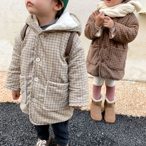 Children's cotton-padded clothes with velvet padded corduroy plaid cotton-padded jacket winter hooded coat