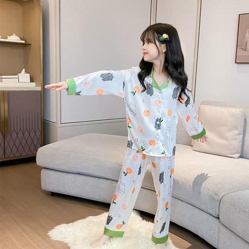 Girl's Ice Silk Long Sleeve Orange Cat Set Pajamas