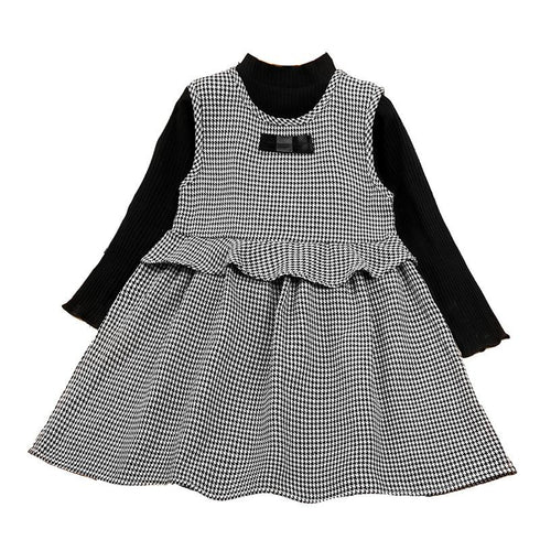 Girl, long-sleeved knitwear houndstooth vest skirt two-piece set