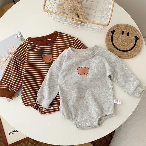 Striped cartoon bear round neck sweater fart jacket ha coat baby cotton one-piece climbing suit