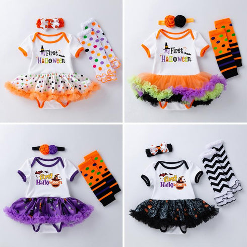Halloween Baby Dress Printed Net Sand Dress, Exotic Cute Short Sleeved Dress And Socks Set