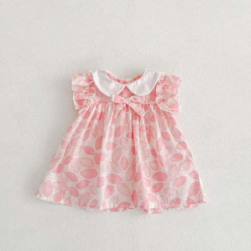 Leaf Doll Collar Printed Cotton Fly Sleeve Skirt