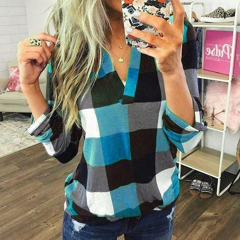 Spring and Autumn Shirt Women's Plaid Medium Long Sleeve Top