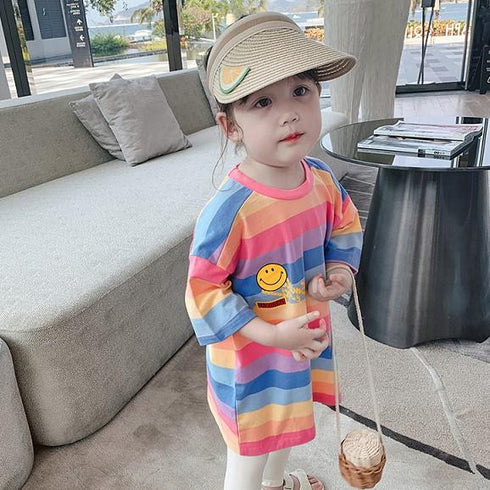 Girls Summer Long Rainbow Smiley Tee