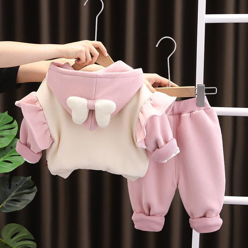 Autumn and winter girls plus velvet hooded suit two-piece set