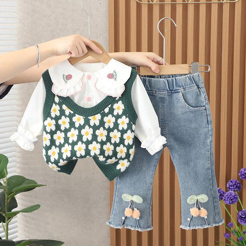 Casual Sweater Vest Three Piece Set Baby Girl Lapel Shirt Long Sleeve Set