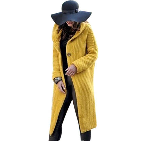 Autumn and winter solid color two-button knit sweater long hooded sweater coat