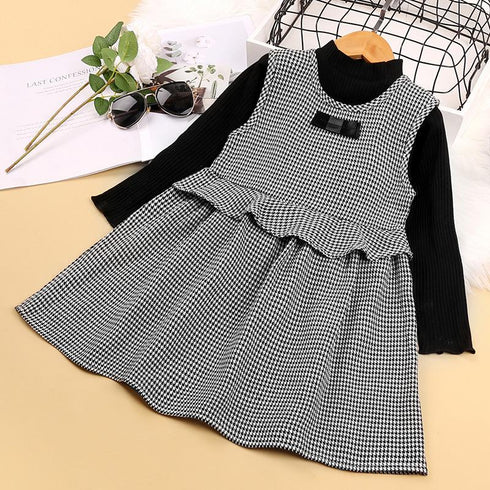 Girl, long-sleeved knitwear houndstooth vest skirt two-piece set