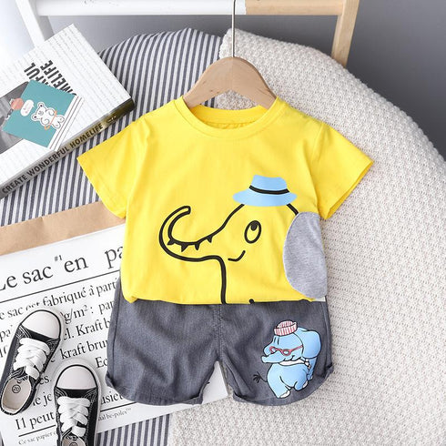 Round Neck Elephant Short Sleeve Suit Boys' Loose Shorts Two Piece Set