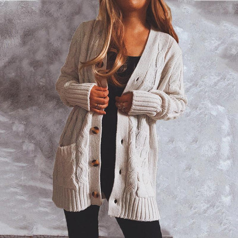 Autumn and winter single-breasted thick twist pocket long sleeve knit sweater cardigan