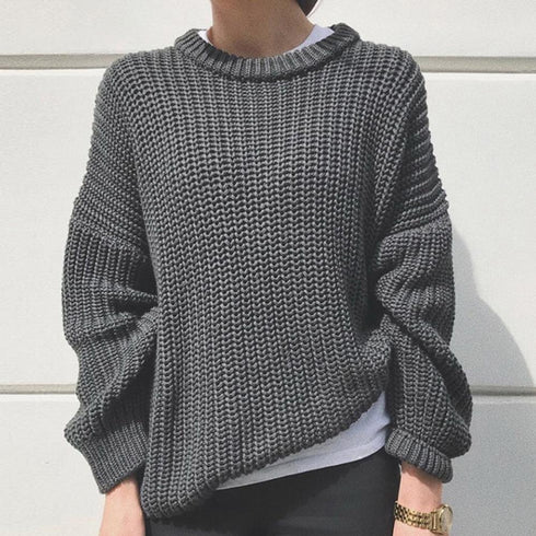 Fall Winter Loose Solid Color Crewneck Knit Pullover