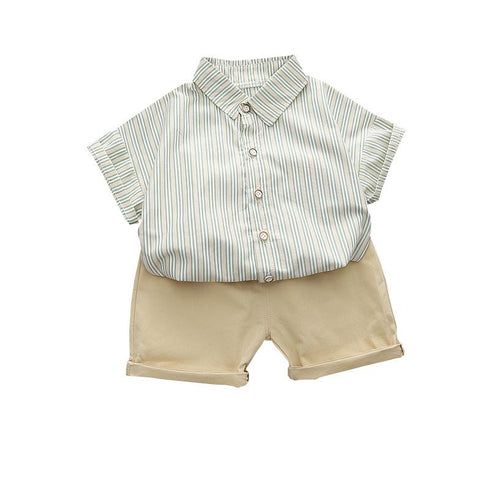 Summer boys solid color striped lapel two-piece set