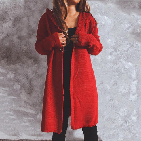 Autumn and winter solid color long sleeve hooded knitted cardigan