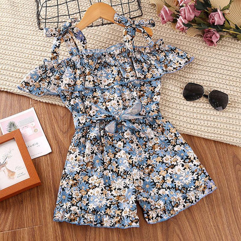 Girls' Summer Floral One Shoulder Bandage Bow One-piece Shorts