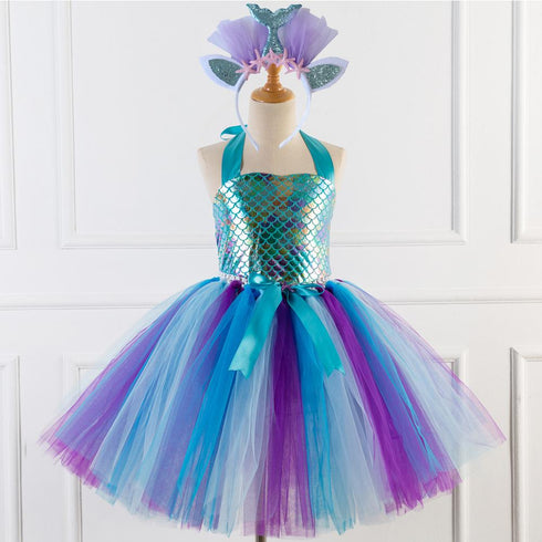 European And American Children's Clothing Girls Mermaid Fluffy Skirt Cospaly Performance Dress Fish Scale Dress Dress Send Headdress