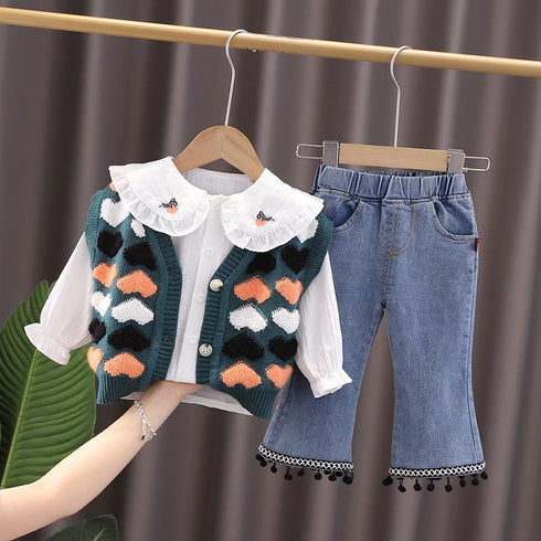 Spring and Autumn Girls Knitted Sweater Cardigan Shirt Jeans Three-Piece Set