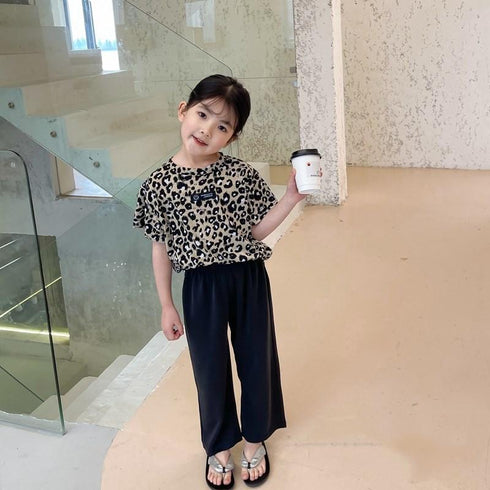 Girls Summer Leopard-Print Short-Sleeve Pants Set