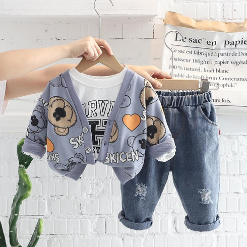 Spring and Autumn Boys Long Sleeve Cardigan Three-Piece Set
