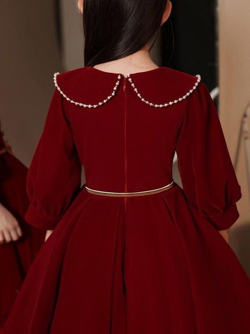 New Year's Christmas Dress Birthday Red Long Sleeve Velvet Princess Paggy Dress