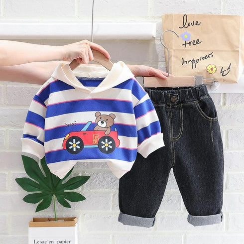 Spring and Autumn Boys Car Striped Hoodie Jeans Set