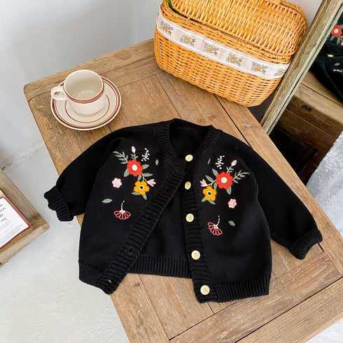 Spring and Autumn Flower Embroidered Cotton Knitted Sweater Long Sleeve Jacket