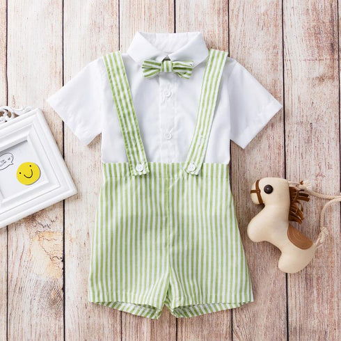 Handsome Children's Gentleman's Clothes Short Sleeved Shirt Cropped Trousers Suspenders Baby One Year Old British Style Dress