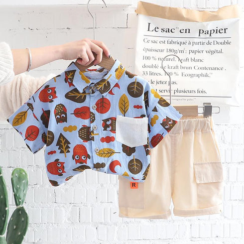 Cartoon Owl AOP Shirt Children's Summer Short Sleeve Two Piece Set