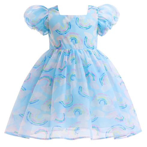 Girl's Bubble Sleeve Dress Rainbow Print Paggy Dress Children's Wear