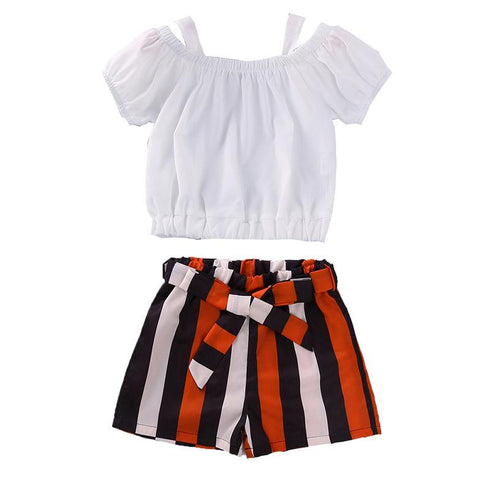 Summer girls suspender short sleeve striped shorts set